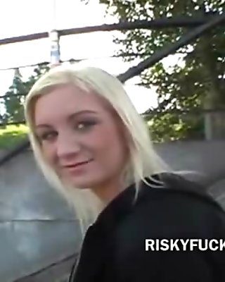 Blonde public seduction and tit grab as chick is very shy